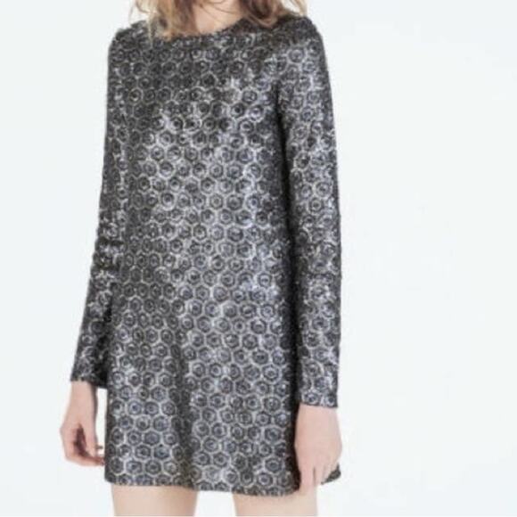 Zara Sequin Silver Blue Gray Long Sleeve Mini Formal Cocktail Party Dress Size M - Picture 1 of 7